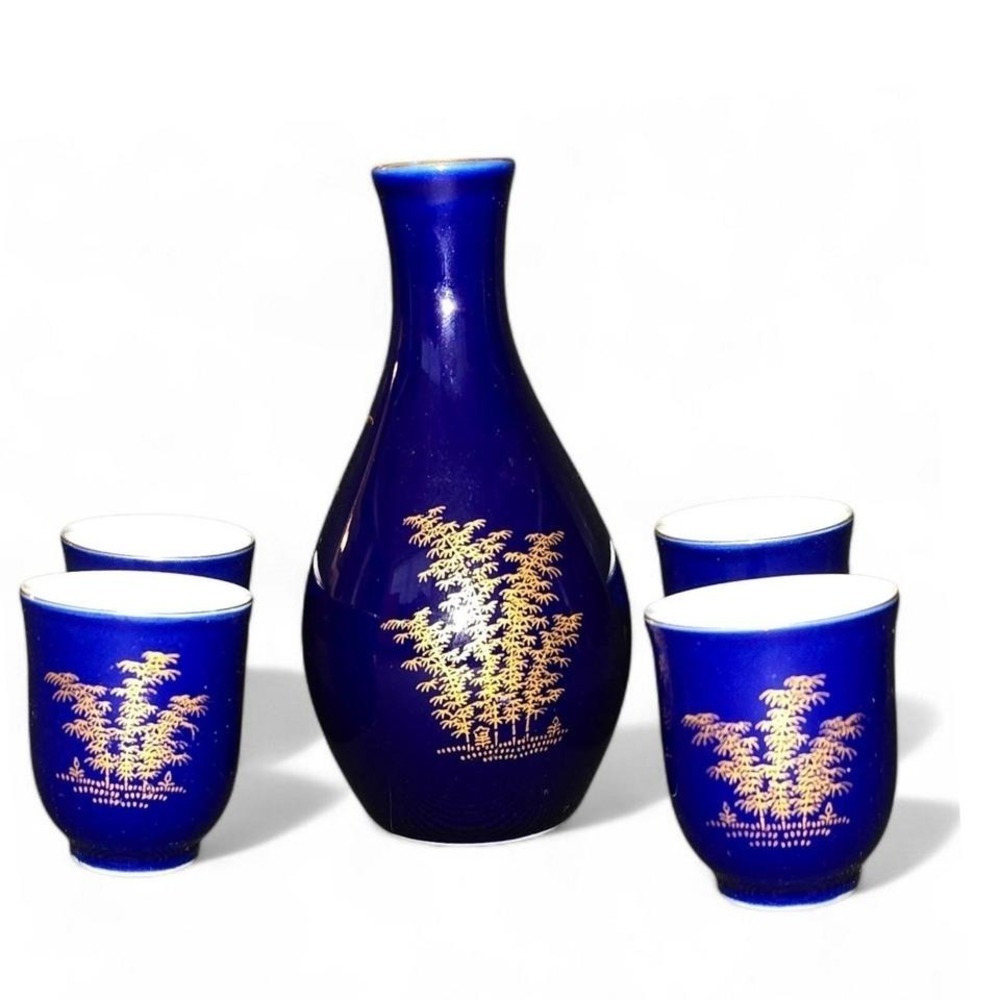 Japanese Sake Set Ceramic Cobalt Blue Bamboo‎ Design Decanter 4 Cups